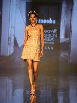 Nirmooha - Yellow Tweed Mini Dress with Sequin Highlights