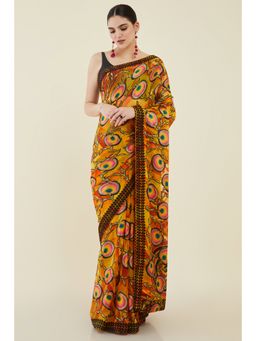 Soch - Women Mustard Georgette Printed Saree with Unstitched Blouse