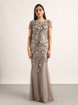 Attic Salt - Beige Sequined Embellished Short Sleeve Gown