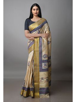 Unnati Silks - Beige Pure Handloom Bengal Tusshar Silk Saree with Unstitched Blouse