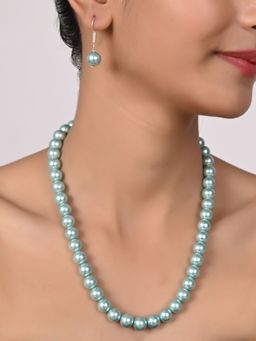 Ratnavali Jewels - Imitation Pearl 10mm Blue Beads Single Strand Necklace with Earrings (Set of 2)