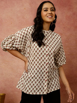 Jaipur Kurti - Ethnic Floral Printed Cotton Lurex Boxy Top