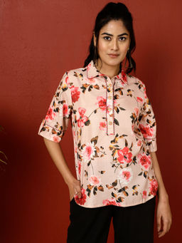 Jaipur Kurti - Peach Floral Printed Linen Blend Shirt Style Top
