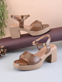 XE Looks - Brown Sleek Ankle Strap Cushioned Block Heel