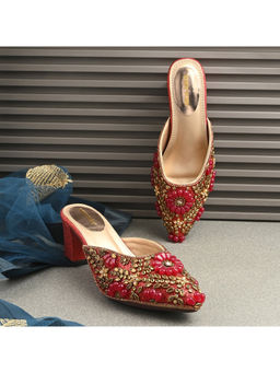 Valentino - Women Red Ethnic Embellished Block Heel Mules