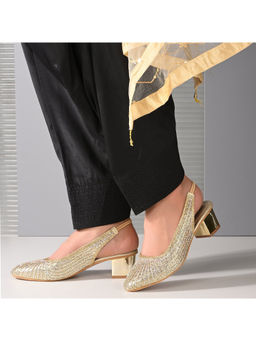 Valentino - Women Gold Embellished Slingback Block Heels
