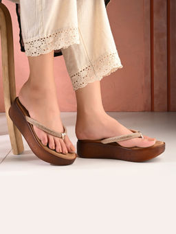 Valentino - Women Shimmering Thong Straps Copper Wedge Sandal