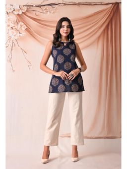 Rimika - Women Blue Round Tree Printed Straight Kurti