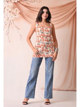 Rimika - Women Cream Peach Flower Floral Straight Kurti