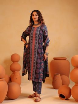 Namastika - Gulmohar Neela Deep Indigo Ajrakh Cotton Kurta and Pyjama with Dupatta
