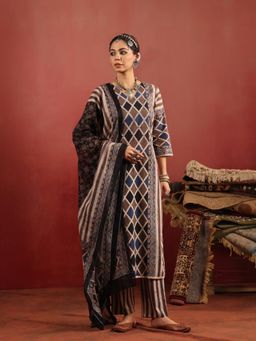 Namastika - Baori Stripes Taupe Ajrakh Cotton Kurta and Pyjama with Dupatta