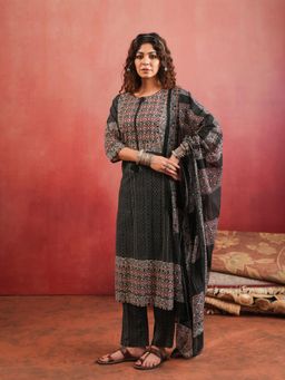 Namastika - Khamir Phool Black Ajrakh Cotton Kurta and Pyjama with Dupatta