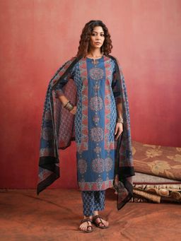 Namastika - Surmai Mandala Indigo Ajrakh Cotton Kurta and Pyjama with Dupatta