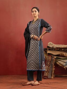Namastika - Neel Chevron Black Ajrakh Cotton Kurta and Pyjama with Dupatta