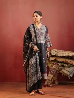Namastika - Charvi Noir Ajrakh Motif Kurta and Pyjama with Dupatta