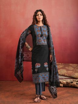 Namastika - Indira Lotus Black Ajrakh Cotton Kurta and Pyjama with Dupatta