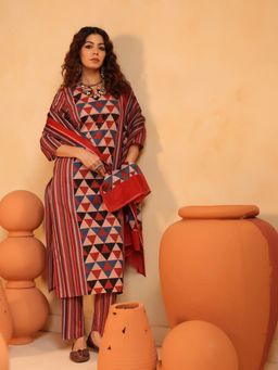 Namastika - Vanya Terracotta Ajrakh Stripes Kurta and Pyjama with Dupatta
