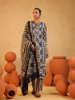 Namastika - Anaya Rustic Cream Ajrakh Kurta and Pyjama with Dupatta