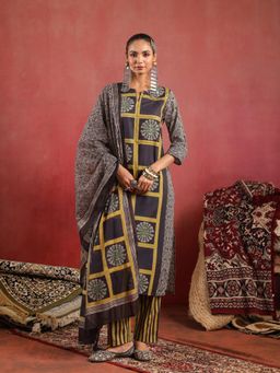 Namastika - Kaashi Black Olive Ajrakh Kurta and Pyjama with Dupatta