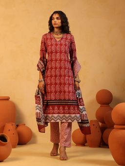 Namastika - Raag-E-Surkh Rust Ajrakh Cotton Kurta and Pyjama with Dupatta