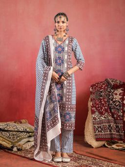 Namastika - Gulzaar Pinkish Ivory Ajrakh Kurta and Pyjama with Dupatta