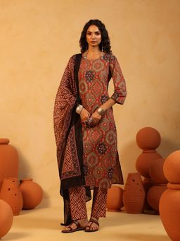Namastika - Mehndi Gul Rust Ajrakh Cotton Kurta and Pyjama with Dupatta