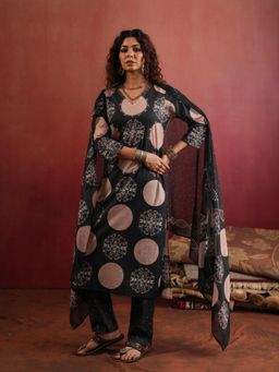 Namastika - Chandrika Polka Black Ajrakh Cotton Kurta and Pyjama with Dupatta