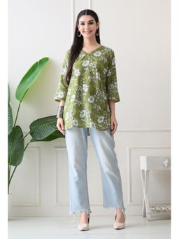 Rimika - Women Olive Green Floral Printed Straight Kurti