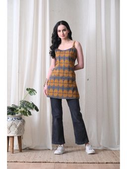 Rimika - Women Mustard Blue Grid Printed Straight Kurti