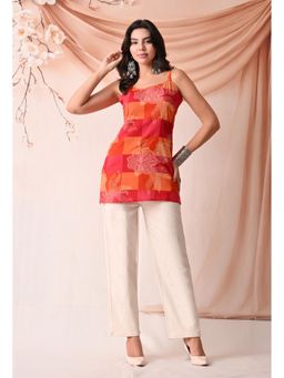 Rimika - Women Orange Pink Checks Printed Straight Kurti