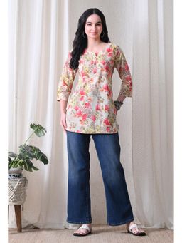 Rimika - Women Beige Floral Print Straight Kurti