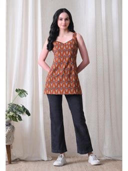 Rimika - Women Rust Blue Ikat Printed Straight Kurti