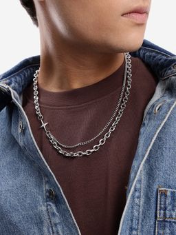 Carlton London - Men Silver Plated Stainless Steel CZ layered Necklace