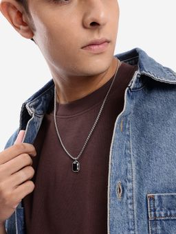 Carlton London - Men Stainless Steel with Black Stone Octagon Necklace
