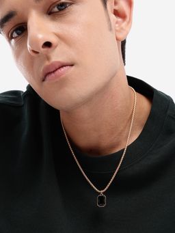 Carlton London - Men Stainless Steel Rose Gold Plated Black Stone Octagon Necklace
