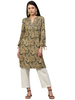 Chemistry - Olive Paisley Printed Rayon & Cotton Flex Pintucked Yoke Kurta (Set of 2)