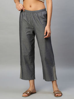 Chemistry - Charcoal Embroidered Chambray Pull On Trousers