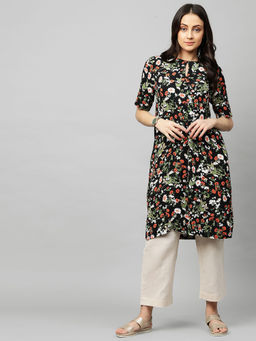 Chemistry - Black Printed Viscose Crepe Cotton Linen Kurta (Set of 2)