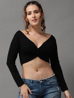SHOWOFFFF - Womens V-neck Black Fitted Crop Top