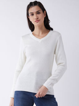 RVK - Women Off White Solid Pullover Sweater