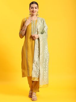 Shree - Women Poly Viscose Mustard Embroidered Kurta Trouser Dupatta (Set Of 3)