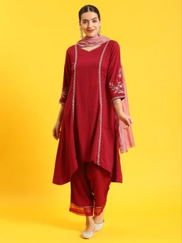 Shree - Women Poly Viscose Lilac Embroidered Kurta Comfort Pant Dupatta (Set Of 3)