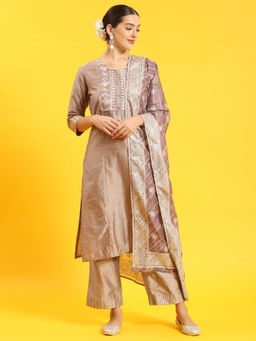 Shree - Women Poly Silk Mauve Embroidered Kurta Trouser Dupatta (Set Of 3)