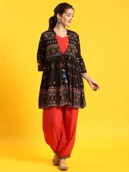 Shree - Women Rayon Black Printed Kurta Jacket Harem Pant (Set Of 3)