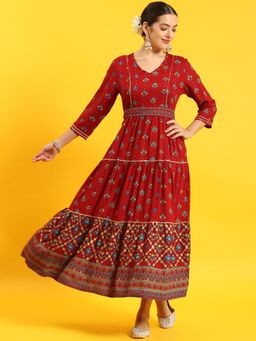 Shree - Women Rayon Maroon Print Dress (Set Of 2)