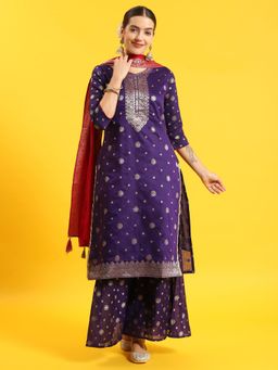 Shree - Women Chanderi Jacquard Purple Printed Kurta Sharara Dupatta (Set Of 3)