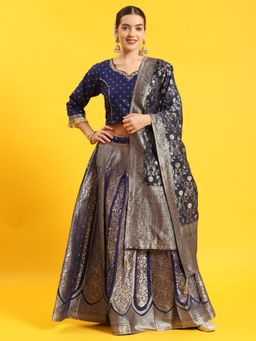 Shree - Women Chanderi Jacquard Blue Embroidered Top Skirt Dupatta (Set Of 3)