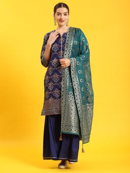 Shree - Women Chanderi Jacquard Blue Woven Print Kurti Sharara Dupatta (Set Of 3)