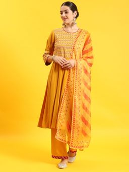 Shree - Women Poly Viscose Mustard Printed Kurta Comfort Pant Dupatta (Set Of 3)