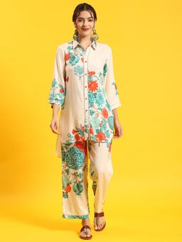 Shree - Women Rayon Cream Floral Print Co-Ord (Set Of 2)